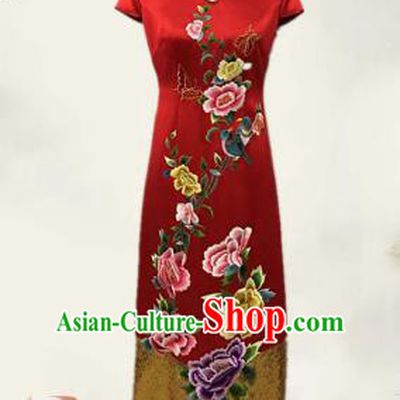Traditional Chinese National Costume Wedding Mandarin Qipao, Tang Suit Chirpaur Embroidered Red Silk Cheongsam Clothing for Women