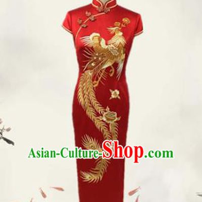 Traditional Chinese National Costume Wedding Mandarin Red Qipao, Tang Suit Embroidered Chirpaur Silk Cheongsam Clothing for Women