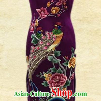 Traditional Chinese National Costume Purple Mandarin Qipao, Tang Suit Embroidered Chirpaur Silk Cheongsam Clothing for Women