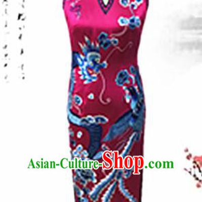 Traditional Chinese National Costume Rosy Mandarin Qipao, Tang Suit Embroidered Peony Chirpaur Silk Cheongsam Clothing for Women