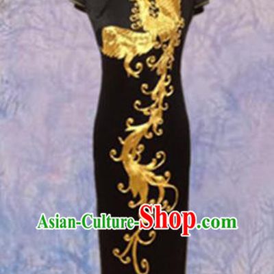 Traditional Chinese National Costume Black Mandarin Qipao, Tang Suit Embroidered Phoenix Chirpaur Silk Cheongsam Clothing for Women