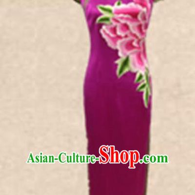 Traditional Chinese National Costume Rosy Mandarin Qipao, Tang Suit Embroidered Peony Chirpaur Silk Cheongsam Clothing for Women