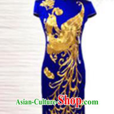 Traditional Chinese National Costume Blue Mandarin Qipao, Tang Suit Embroidered Phoenix Chirpaur Silk Cheongsam Clothing for Women