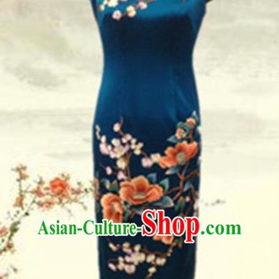 Traditional Chinese National Costume Atrovirens Mandarin Qipao, Tang Suit Embroidered Peony Chirpaur Silk Cheongsam Clothing for Women