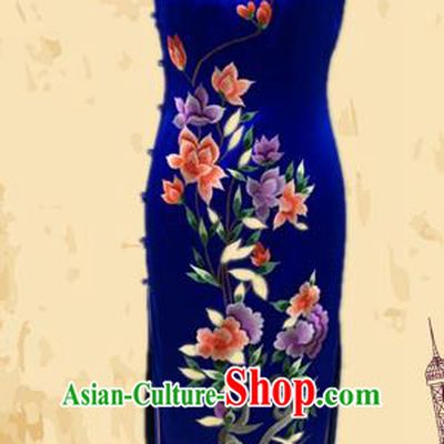 Traditional Chinese National Costume Blue Mandarin Qipao, Tang Suit Embroidered Peony Chirpaur Silk Cheongsam Clothing for Women