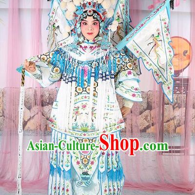 Chinese Beijing Opera Female General Costume White Embroidered Robe, China Peking Opera Blues Warrior Embroidery Gwanbok Clothing