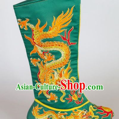 Chinese Beijing Opera Emperor Green Embroidered Boots, China Peking Opera Takefu Embroidery Dragons Shoes