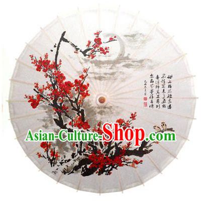 China Traditional Dance Handmade Umbrella Painting Plum Blossom White Oil-paper Umbrella Stage Performance Props Umbrellas