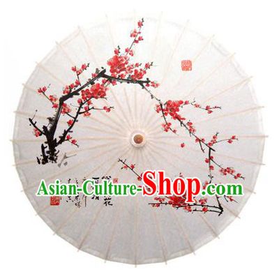 China Traditional Dance Handmade Umbrella Ink Painting Red Plum Blossom White Oil-paper Umbrella Stage Performance Props Umbrellas