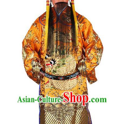 Chinese Beijing Opera Prime Minister Costume Yellow Embroidered Robe, China Peking Opera Officer Embroidery Clothing