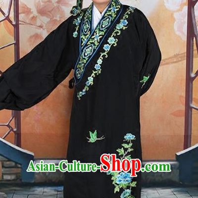 Chinese Beijing Opera Niche Costume Black Embroidered Robe, China Peking Opera Scholar Embroidery Peony Clothing