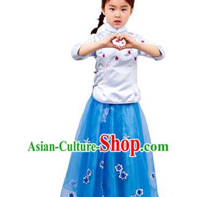 Traditional Chinese Ancient Republic of China Nobility Lady Costume Embroidered Blue Blouse and Skirt for Kids