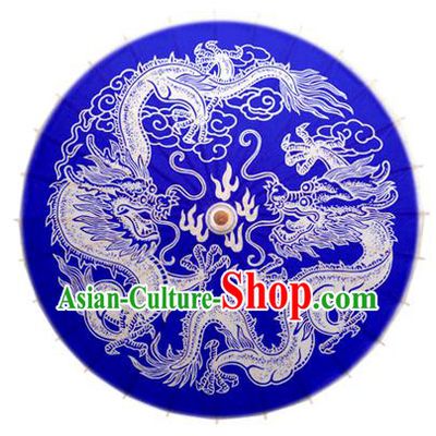 China Traditional Dance Handmade Umbrella Painting Dragon Blue Oil-paper Umbrella Stage Performance Props Umbrellas