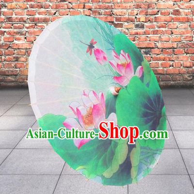 Handmade China Traditional Folk Dance Umbrella Painting Lotus Green Oil-paper Umbrella Stage Performance Props Umbrellas