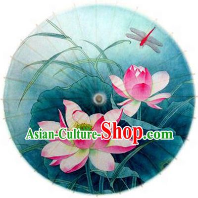 Handmade China Traditional Dance Umbrella Classical Printing Lotus Dragonfly Green Oil-paper Umbrella Stage Performance Props Umbrellas