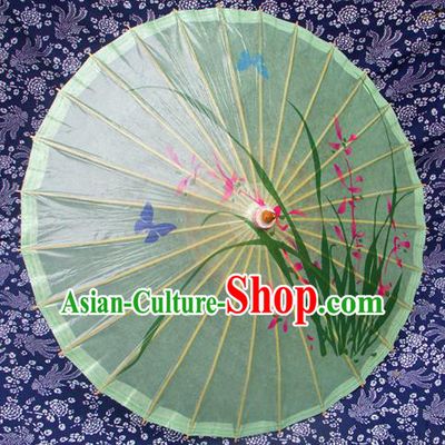 Handmade China Traditional Folk Dance Umbrella Painting Orchid Green Oil-paper Umbrella Stage Performance Props Umbrellas