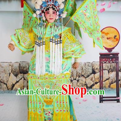 Chinese Beijing Opera Female General Embroidered Green Costume, China Peking Opera Blues Embroidery Clothing