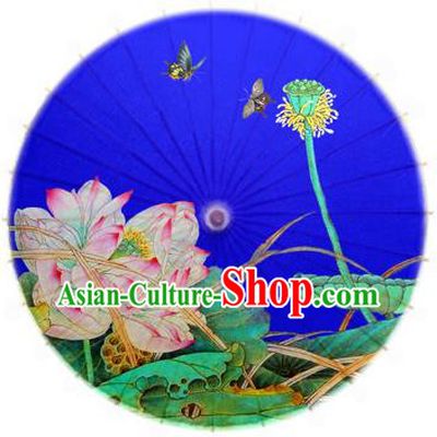 China Traditional Folk Dance Paper Umbrella Hand Painting Lotus Blue Oil-paper Umbrella Stage Performance Props Umbrellas