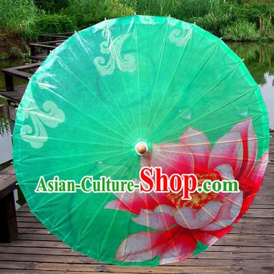 China Traditional Folk Dance Paper Umbrella Hand Painting Lotus Green Oil-paper Umbrella Stage Performance Props Umbrellas