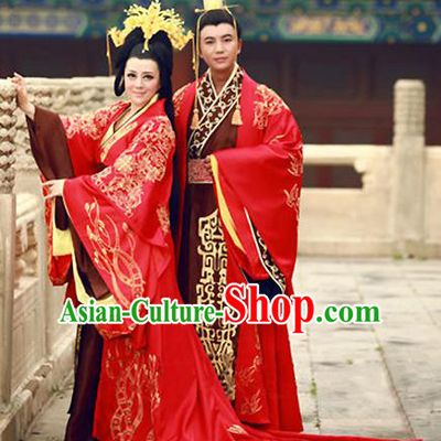 Traditional Chinese Ancient Han Dynasty Imperial Emperor and Empress Embroidered Wedding Clothing Complete Set