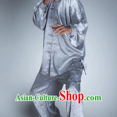 Top Grade Chinese Kung Fu Costume, China Martial Arts Tai Ji Training Grey Uniform Gongfu Shaolin Wushu Clothing for Men
