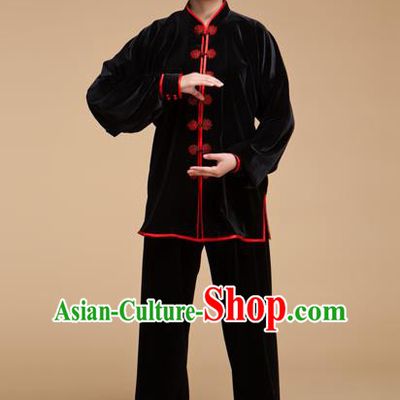 Top Grade Chinese Kung Fu Black Velvet Costume China Martial Arts Training Uniform Tai Ji Wushu Clothing for Women