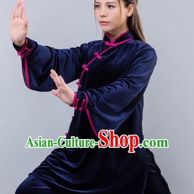 Top Grade Chinese Kung Fu Deep Blue Velvet Costume China Martial Arts Training Uniform Tai Ji Wushu Clothing for Women