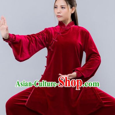Top Grade Chinese Kung Fu Red Velvet Costume China Martial Arts Training Uniform Tai Ji Wushu Clothing for Women