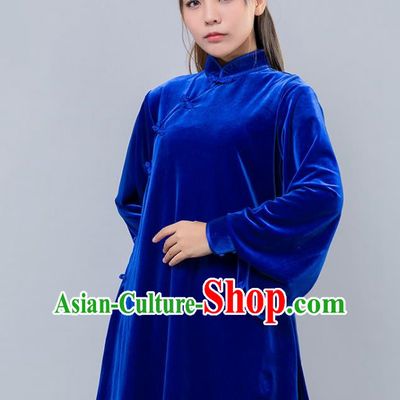 Top Grade Chinese Kung Fu Blue Velvet Costume China Martial Arts Training Uniform Tai Ji Wushu Clothing for Women