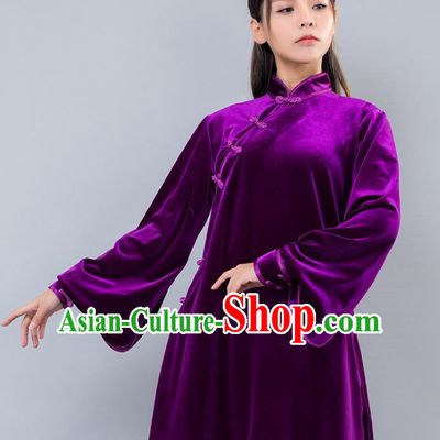 Top Grade Chinese Kung Fu Purple Velvet Costume China Martial Arts Training Uniform Tai Ji Wushu Clothing for Women