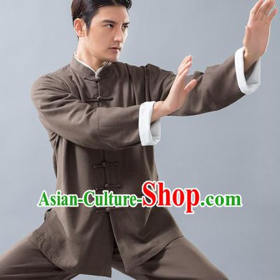 Top Grade Chinese Kung Fu Costume, China Martial Arts Tai Ji Training Brown Linen Uniform Gongfu Clothing for Men