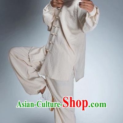 Top Grade Chinese Kung Fu Beige Linen Costume, China Martial Arts Tai Ji Training Uniform Gongfu Clothing for Men