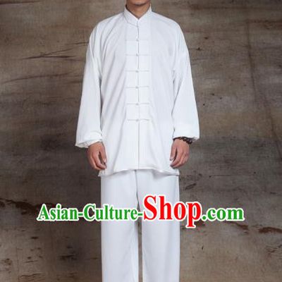 Top Grade Chinese Kung Fu White Linen Costume, China Martial Arts Tai Ji Training Uniform Gongfu Clothing for Men