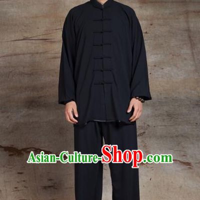 Top Grade Chinese Kung Fu Black Linen Costume, China Martial Arts Tai Ji Training Uniform Gongfu Clothing for Men
