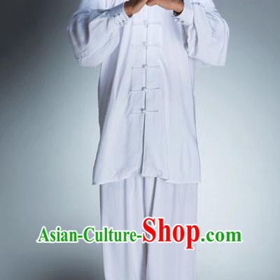 Top Grade Chinese Kung Fu Plated Buttons Costume, China Martial Arts Tai Ji Training White Uniform Gongfu Clothing for Men