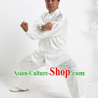 Top Grade Chinese Kung Fu White Silk Costume, China Martial Arts Tai Ji Training Uniform Gongfu Clothing for Men
