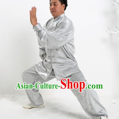 Top Grade Chinese Kung Fu Grey Silk Costume, China Martial Arts Tai Ji Training Uniform Gongfu Clothing for Men