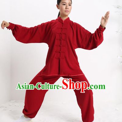 Top Grade Chinese Kung Fu Plated Buttons Costume, China Martial Arts Red Uniform Tai Ji Wushu Clothing for Women
