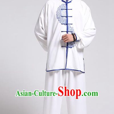 Top Grade Chinese Kung Fu Costume Tai Ji Training Blue and White Porcelain Uniform, China Martial Arts Gongfu Clothing for Men