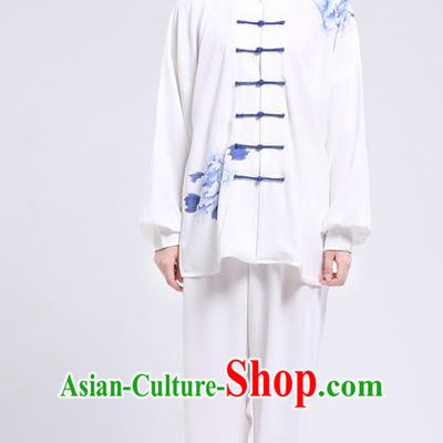Top Grade Chinese Kung Fu Costume Martial Arts Printing Peony Uniform, China Tai Ji Wushu Plated Buttons Clothing for Women