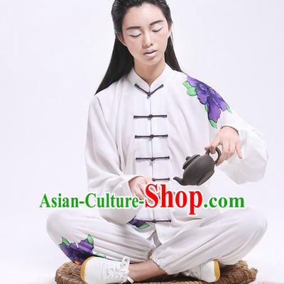 Top Grade Chinese Kung Fu Costume Martial Arts Printing Purple Peony Uniform, China Tai Ji Wushu Plated Buttons Clothing for Women
