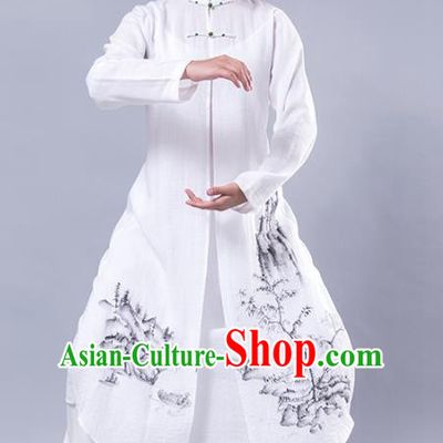 Top Grade Chinese Kung Fu Costume Martial Arts Uniform, China Tai Ji Wushu Plated Buttons White Robe Clothing for Women