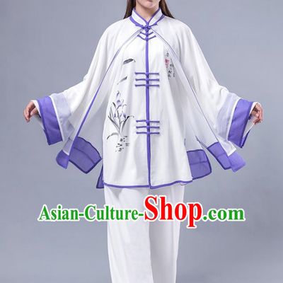 Top Grade Chinese Kung Fu Costume Martial Arts Printing Bamboo Purple Uniform, China Tai Ji Wushu Plated Buttons Clothing for Women