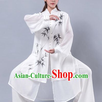 Top Grade Chinese Kung Fu Costume Martial Arts Printing Bamboo White Uniform, China Tai Ji Wushu Plated Buttons Clothing for Women