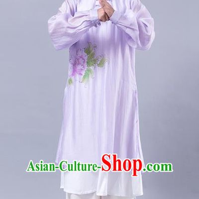Top Grade Chinese Kung Fu Costume Martial Arts Printing Peony Purple Uniform, China Tai Ji Wushu Plated Buttons Clothing for Women