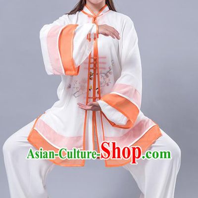Top Grade Chinese Kung Fu Costume Martial Arts Printing Wintersweet Orange Uniform, China Tai Ji Wushu Plated Buttons Clothing for Women