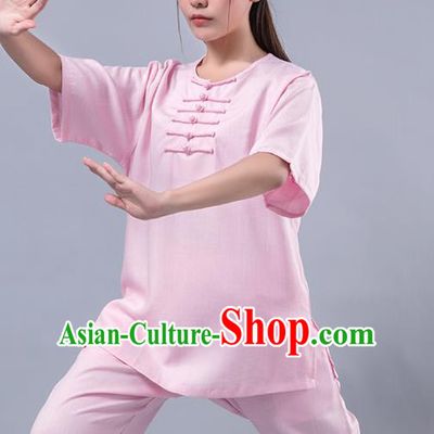 Top Grade Chinese Kung Fu Costume Martial Arts Pink Uniform, China Tai Ji Wushu Plated Buttons Clothing for Women