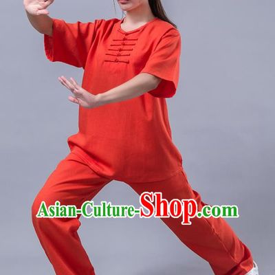 Top Grade Chinese Kung Fu Costume Martial Arts Red Uniform, China Tai Ji Wushu Plated Buttons Clothing for Women
