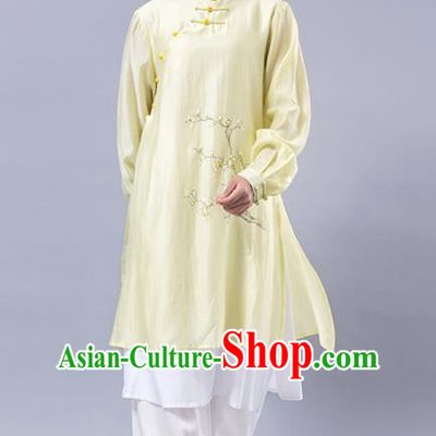 Top Grade Chinese Kung Fu Costume Martial Arts Yellow Uniform, China Tai Ji Wushu Plated Buttons Clothing for Women