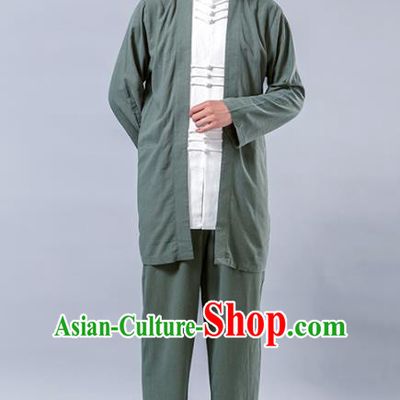 Top Grade Chinese Kung Fu Costume Tai Ji Training Green Linen Uniform, China Martial Arts Tang Suit Gongfu Clothing for Men
